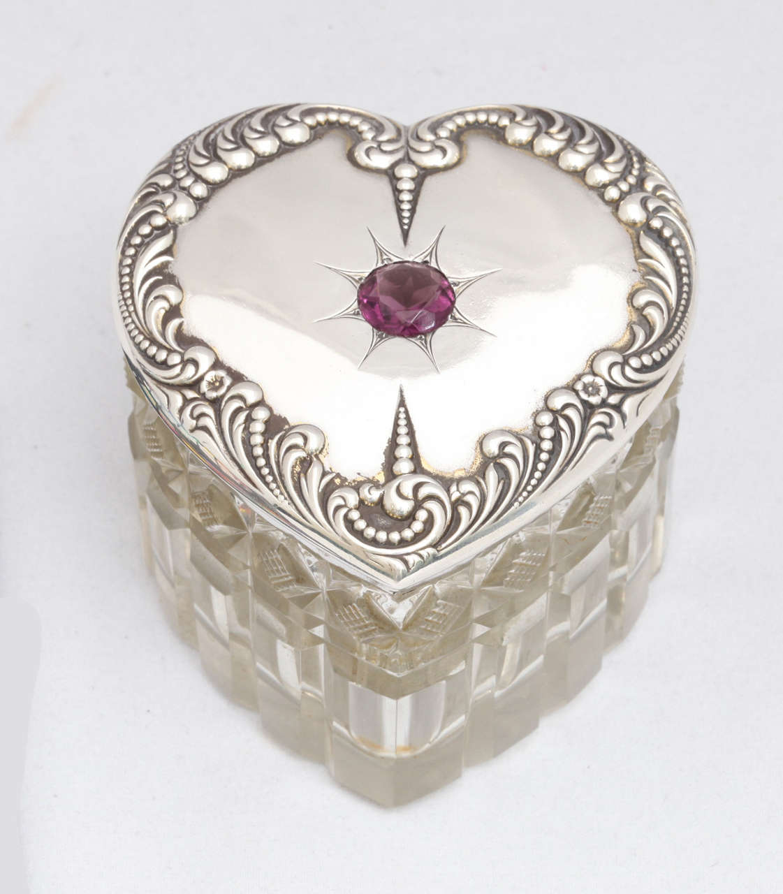Large Sterling Silver and Crystal Heart Shaped Powder/Trinkets Jar With "Amethyst" Stone