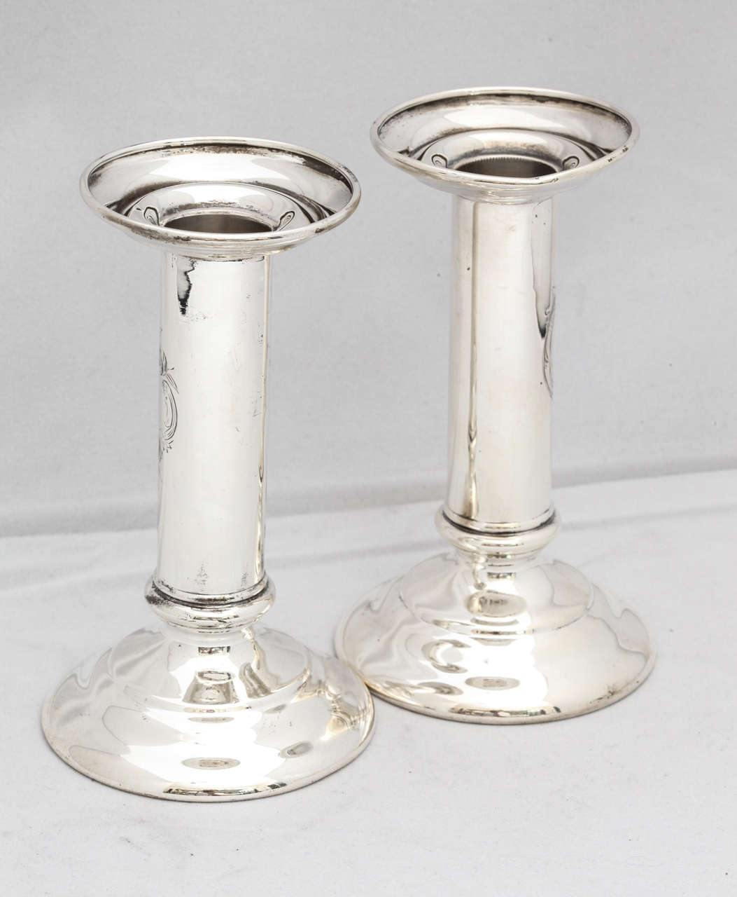 Sterling silver column-form candlesticks, Tiffany & Co., New York, year-dated for 1902-1903. Simple, elegant design; vacant cartouche. @ 5 1/4