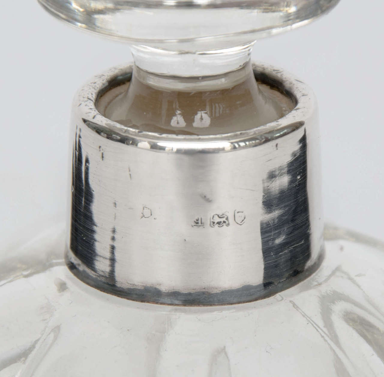 Hand-Crafted Edwardian, Perfume Bottle, Fluted Glass, Silver Neck Ring, London, 1911