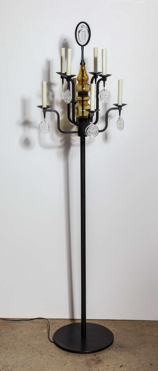 Mid-20th Century Erik Hoglund Eight-Arm Black Iron & Glass Candelabra Floor Lamp  For Sale