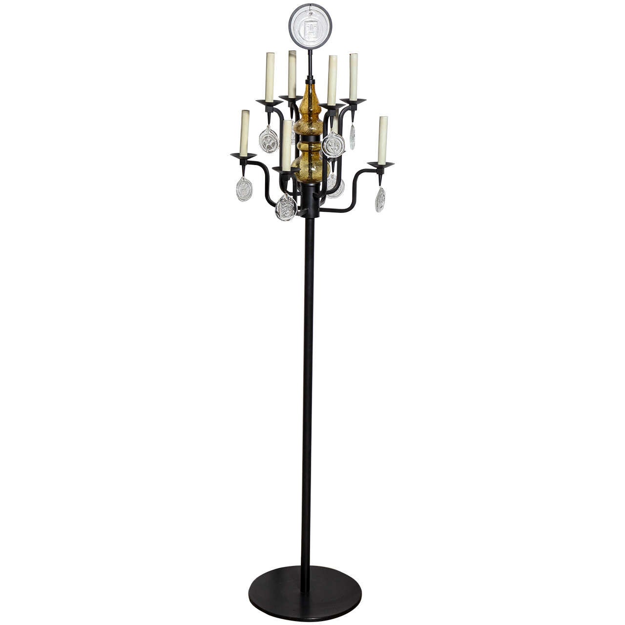 Erik Hoglund Eight-Arm Black Iron & Glass Candelabra Floor Lamp  For Sale