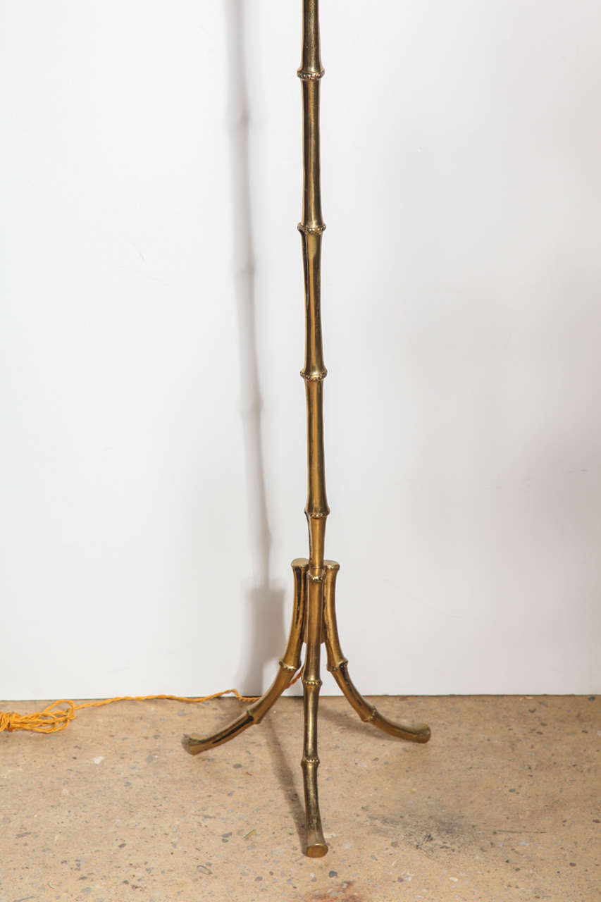 Neoclassical Maison Bagues Brass Faux Bamboo Tripod Floor Lamp with Black Shade, Circa 1960