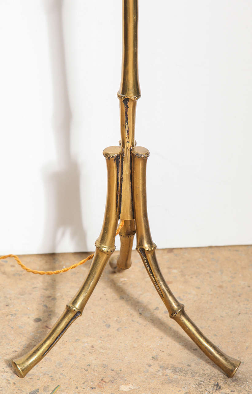 Maison Bagues Brass Faux Bamboo Tripod Floor Lamp with Black Shade, Circa 1960 In Good Condition In Bainbridge, NY