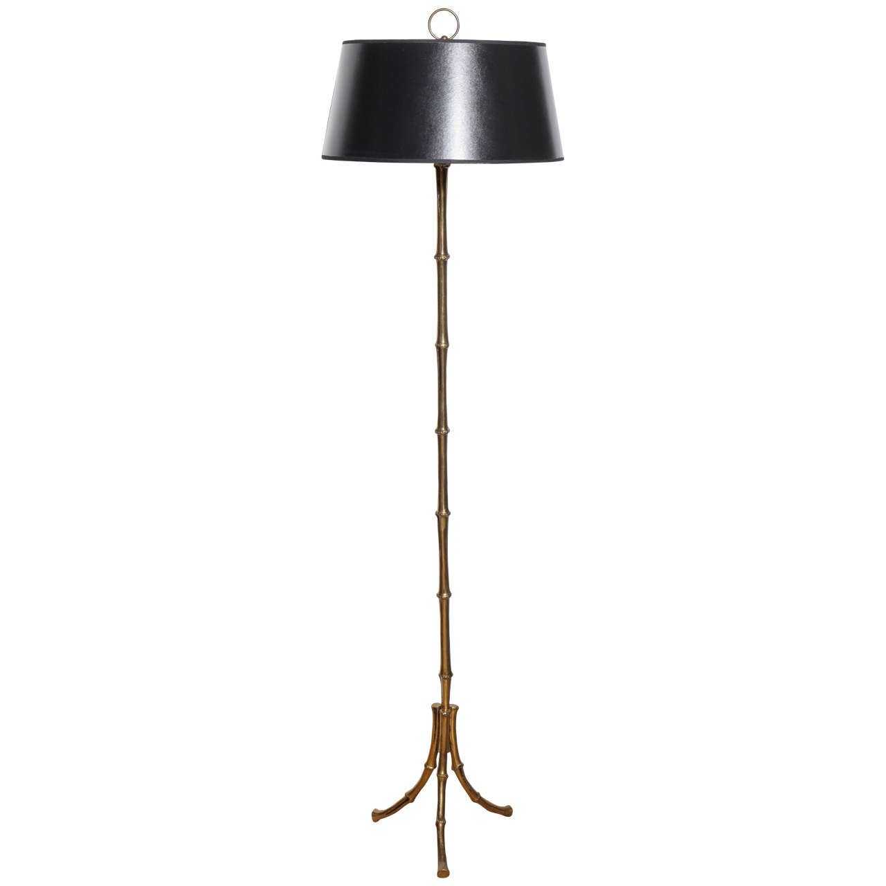 Maison Bagues Brass Faux Bamboo Tripod Floor Lamp with Black Shade, Circa 1960