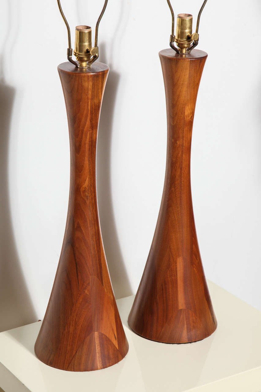 American 1970's pair of tall Phillip Lloyd Powell Solid Turned Walnut Table Lamps