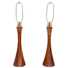1970's pair of tall Phillip Lloyd Powell Solid Turned Walnut Table Lamps