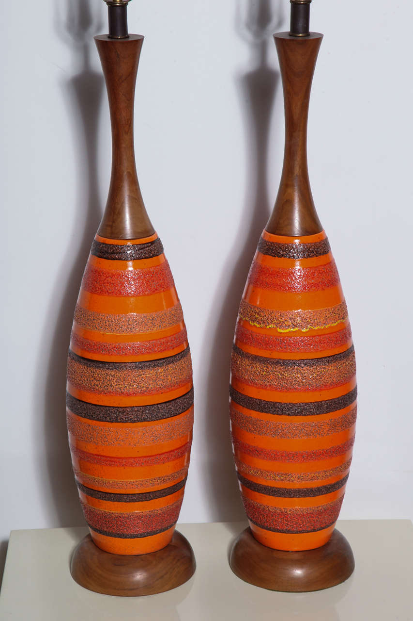 Mid-Century Modern Substantial Pair of Danish Modern Textured Orange Ceramic & Walnut Lamps, 1950s