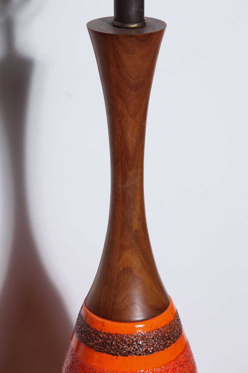 Mid-20th Century Substantial Pair of Danish Modern Textured Orange Ceramic & Walnut Lamps, 1950s