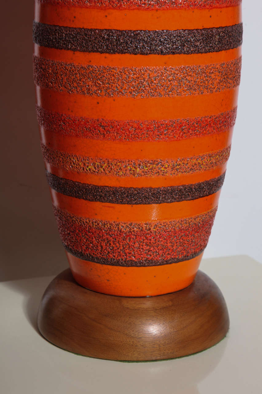 Brass Substantial Pair of Danish Modern Textured Orange Ceramic & Walnut Lamps, 1950s