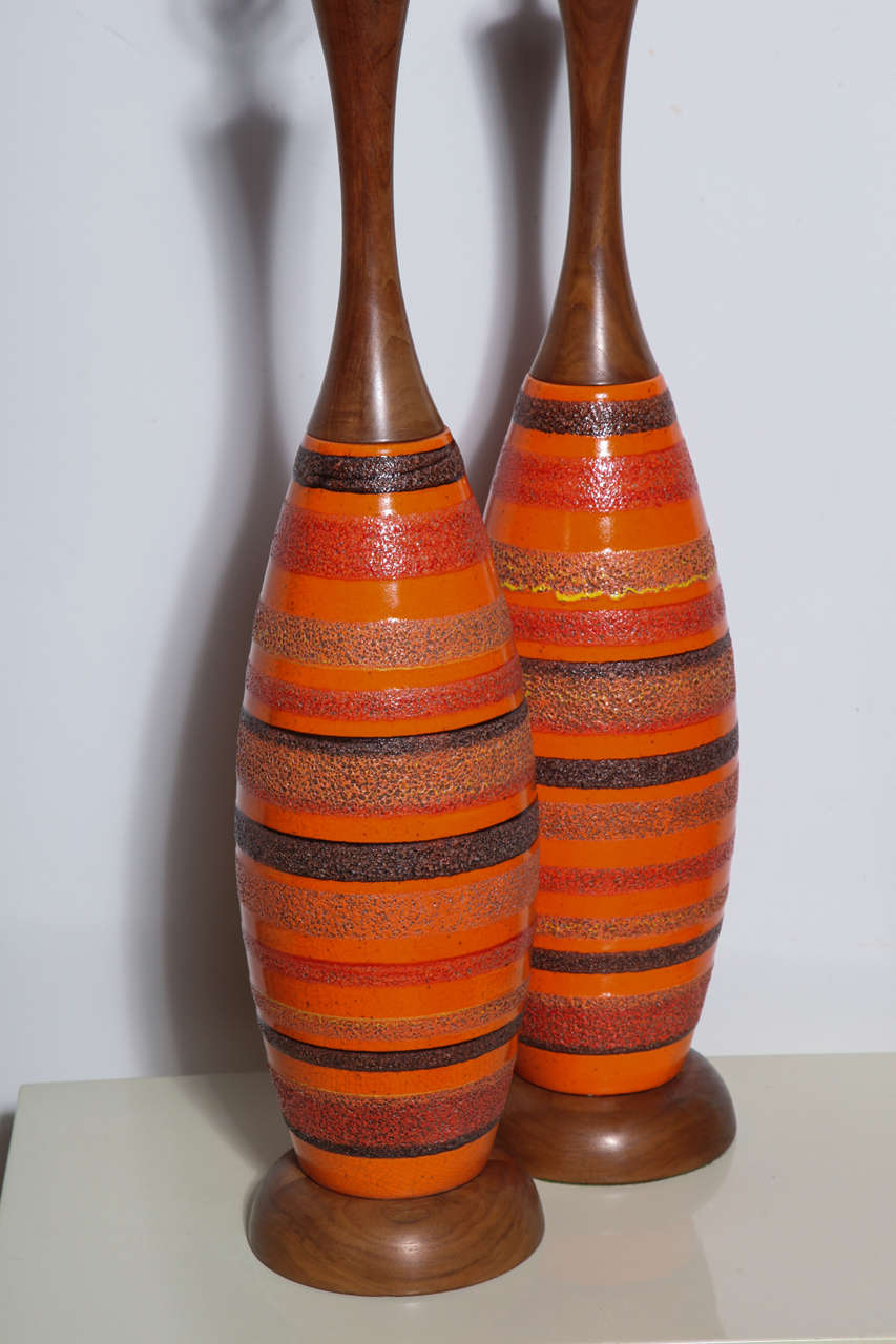 Substantial Pair of Danish Modern Textured Orange Ceramic & Walnut Lamps, 1950s 2