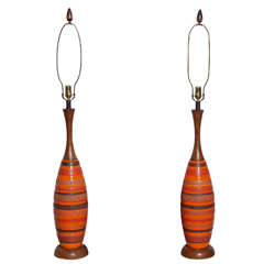 Substantial Pair of Danish Modern Textured Orange Ceramic & Walnut Lamps, 1950s