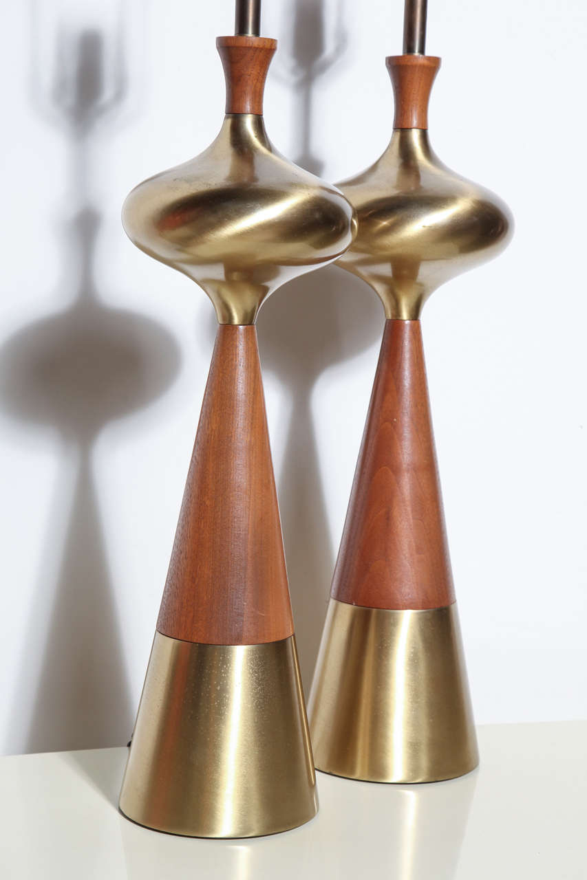 Mid-Century Modern Tall Pair of Tony Paul for Westwood Sculpted Walnut & Brass Bottle Table Lamps