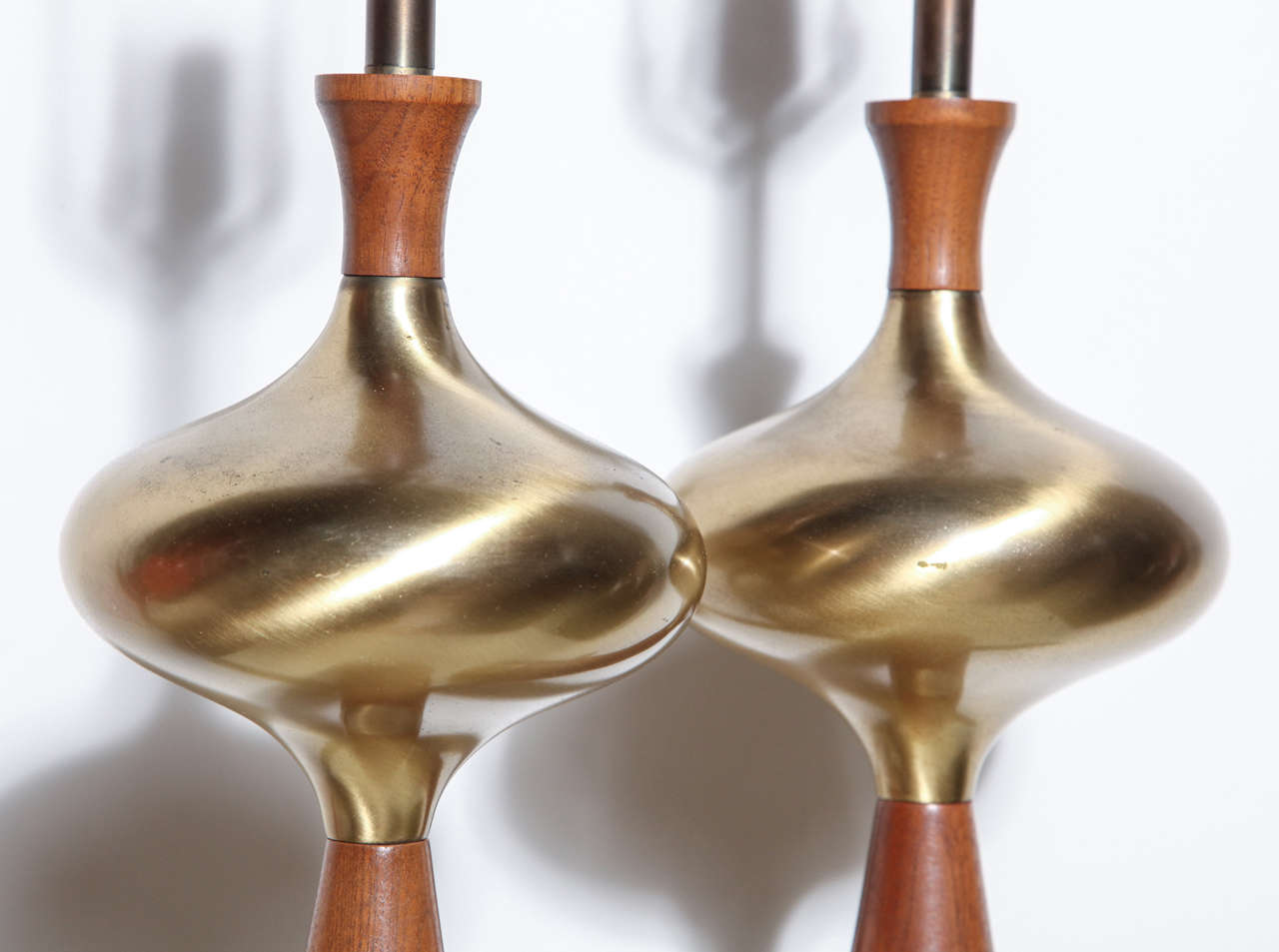 American Tall Pair of Tony Paul for Westwood Sculpted Walnut & Brass Bottle Table Lamps