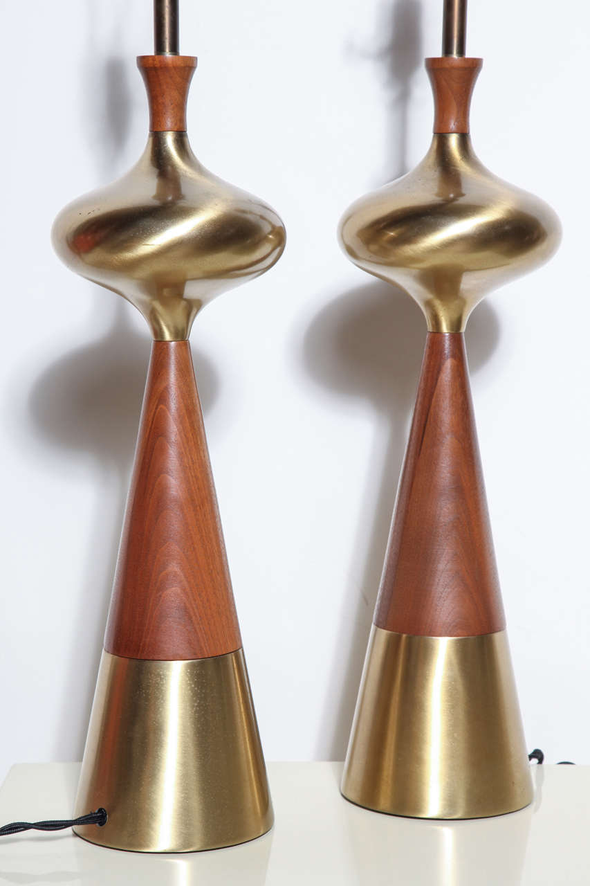 Mid-20th Century Tall Pair of Tony Paul for Westwood Sculpted Walnut & Brass Bottle Table Lamps