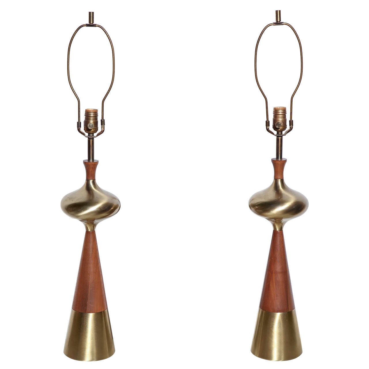 Tall Pair of Tony Paul for Westwood Sculpted Walnut & Brass Bottle Table Lamps
