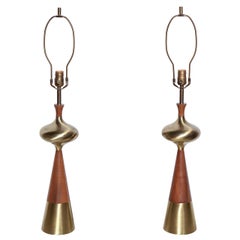 Tall Pair of Tony Paul for Westwood Sculpted Walnut 
Brass Bottle Table Lamps