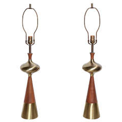 pair of 1950s Tall Tony Paul for Westwood Walnut and Brass Genie Bottle Lamps 10