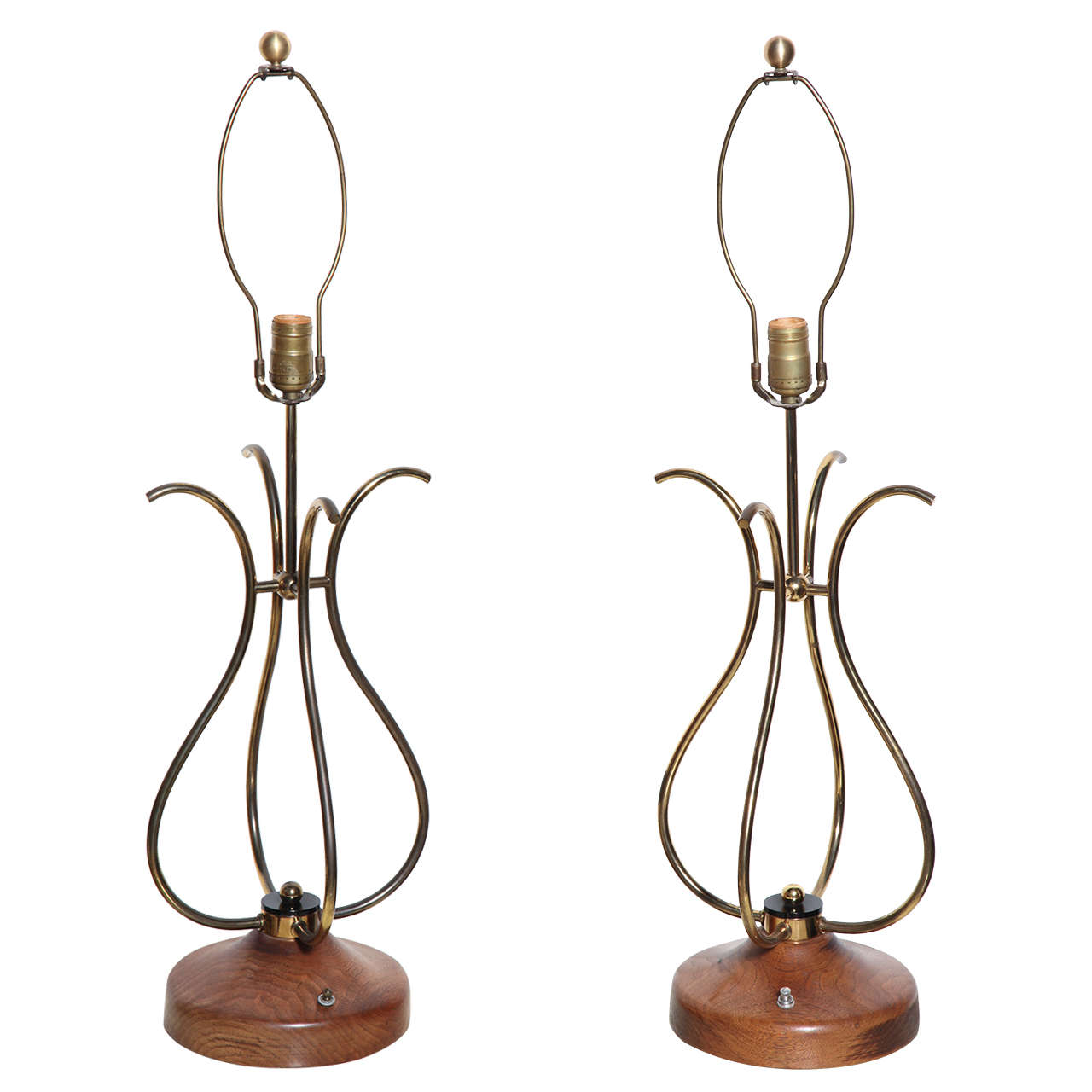 Tall Pair "Scroll" Style Table Lamps, in Brass, Lucite & Walnut, 1950's