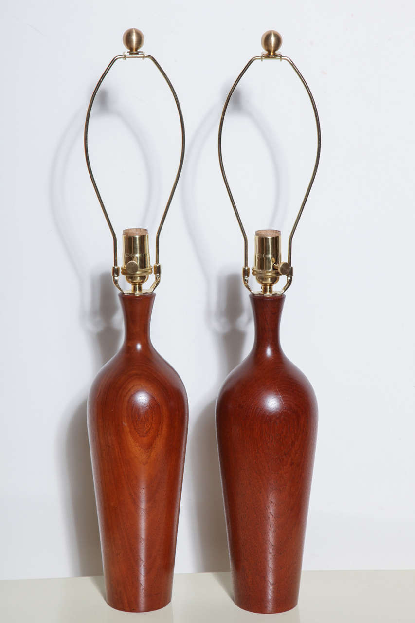 Tall Pair of ESA Denmark Turned Solid Teak Table Lamps, 1950s In Good Condition For Sale In Bainbridge, NY