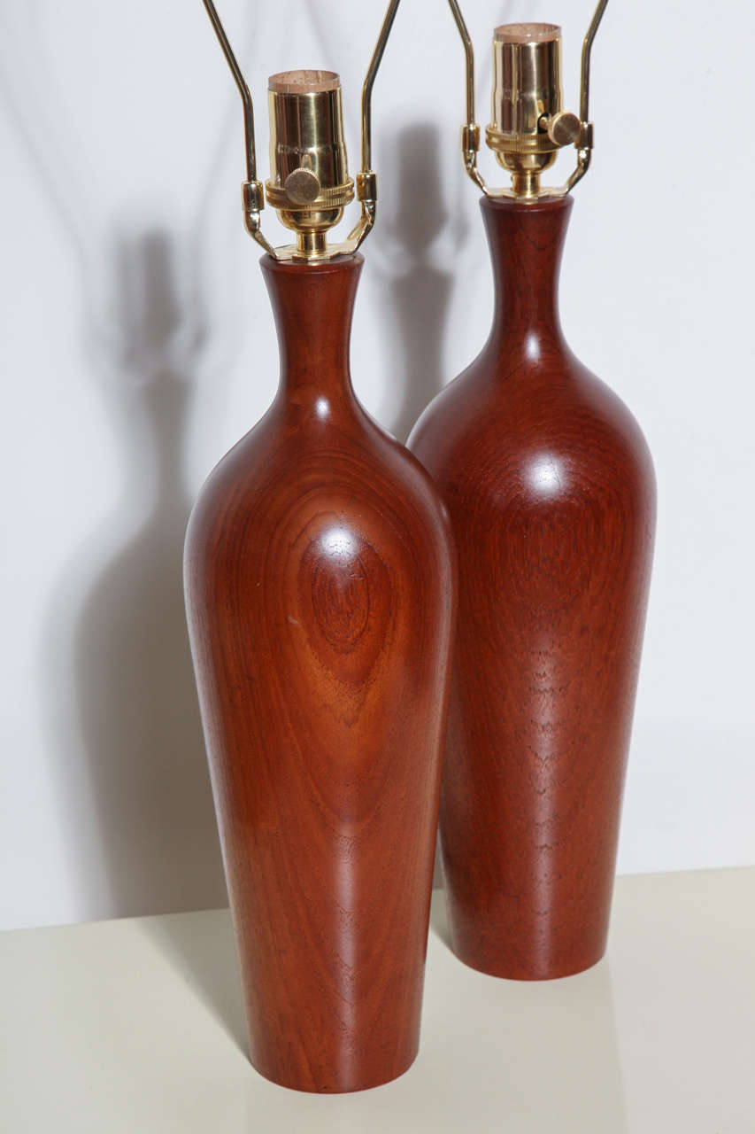 Mid-Century Modern Tall Pair of ESA Denmark Turned Solid Teak Table Lamps, 1950s For Sale