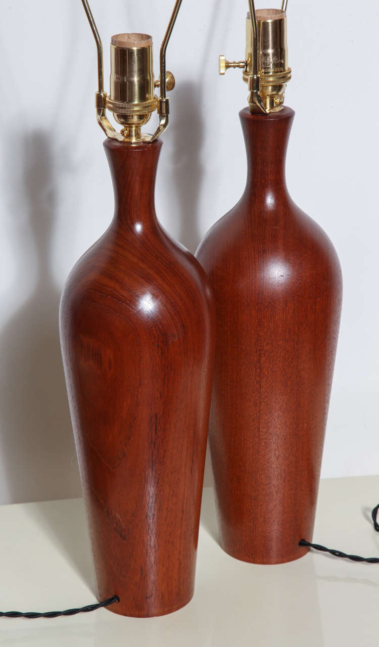 Danish Pair of ESA Denmark Solid Turned Teak Bowling Pin Form Table Lamps, 1950s For Sale