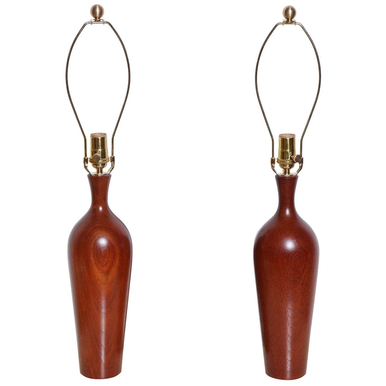 Tall Pair of ESA Denmark Turned Solid Teak Table Lamps, 1950s
