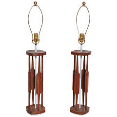 Pair of 1950s Tony Paul for Westwood Walnut and White Enamel Catkin Table Lamps 12