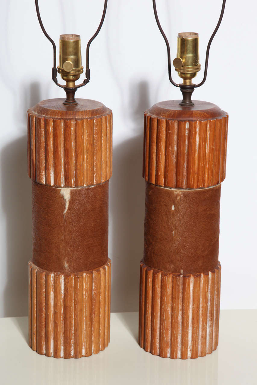 Mid-Century Modern Pair of Russel Wright Style Hide Wrapped Cerused Oak Column Table Lamps, 1950s