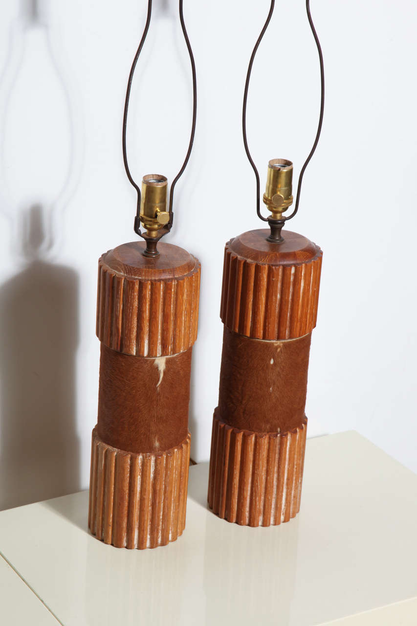 Pair of Russel Wright Style Hide Wrapped Cerused Oak Column Table Lamps, 1950s 2