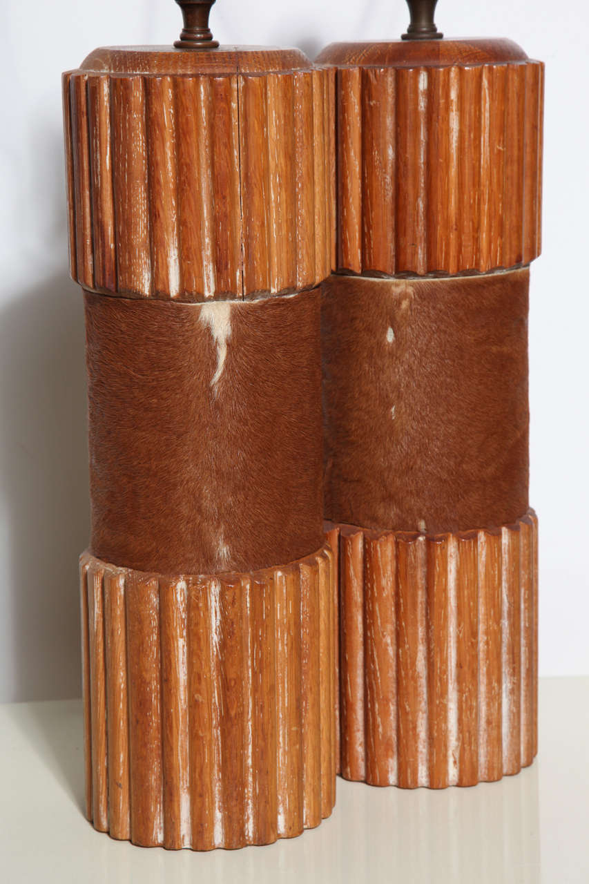 Mid-20th Century Pair of Russel Wright Style Hide Wrapped Cerused Oak Column Table Lamps, 1950s