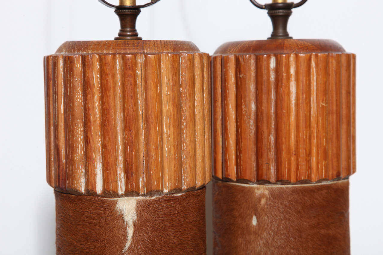 Limed Pair of Russel Wright Style Hide Wrapped Cerused Oak Column Table Lamps, 1950s