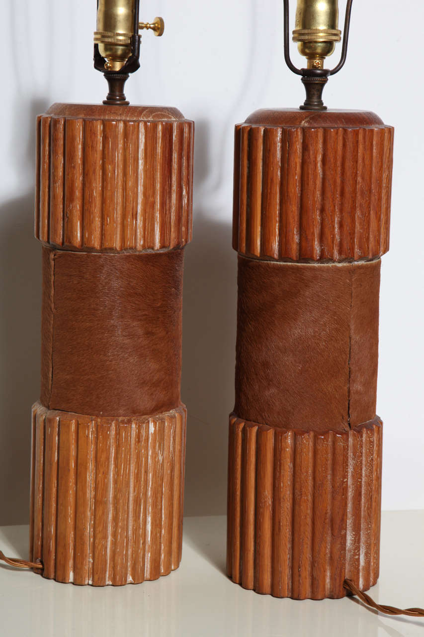 American Pair of Russel Wright Style Hide Wrapped Cerused Oak Column Table Lamps, 1950s