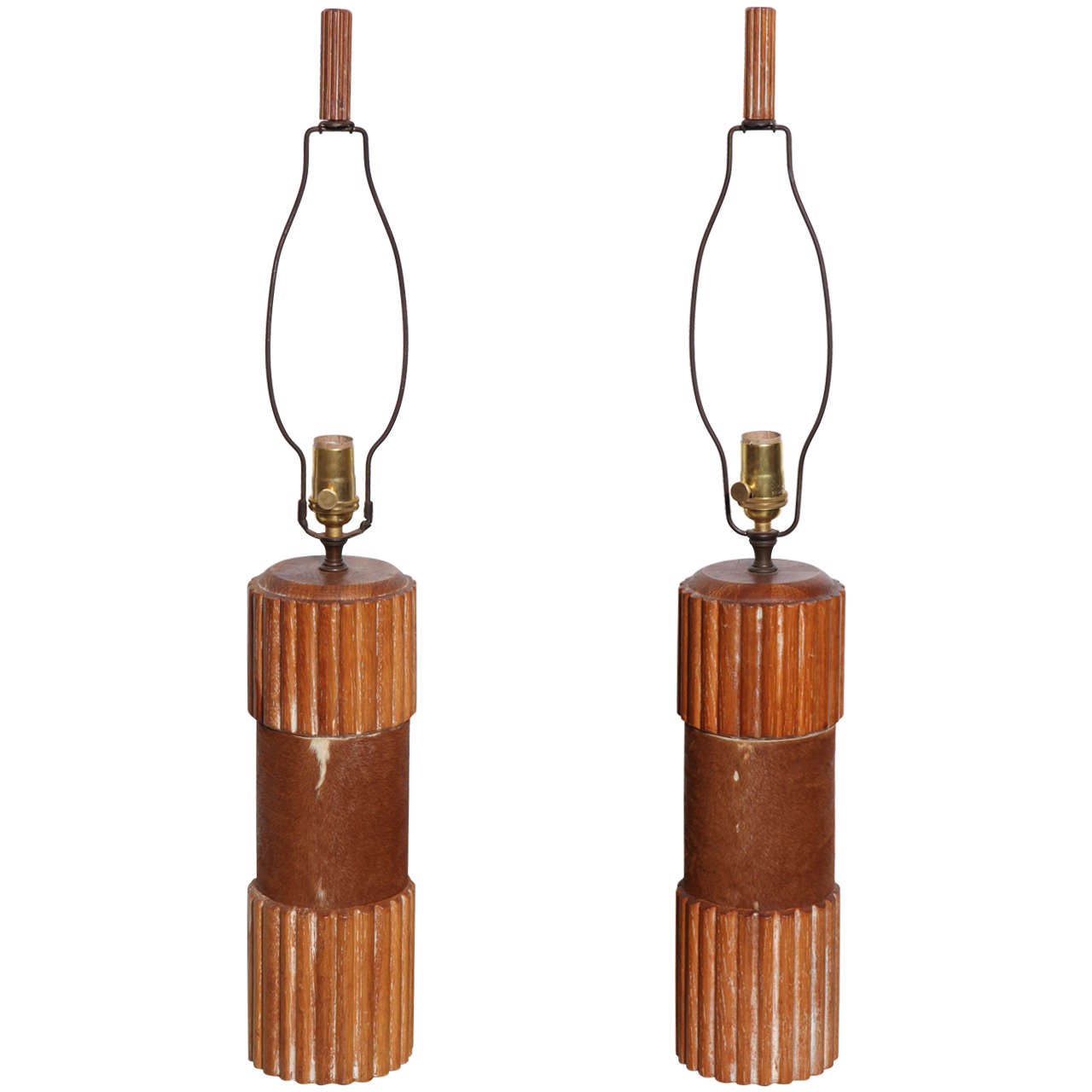 Pair of Russel Wright Style Hide Wrapped Cerused Oak Column Table Lamps, 1950s