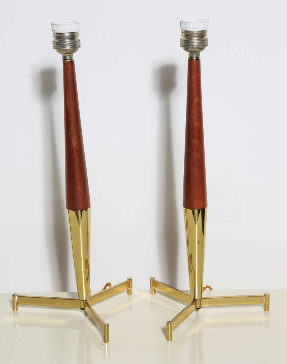 Pair of French Modern Brass and Teak Tripod Candlestick Table Lamps 1