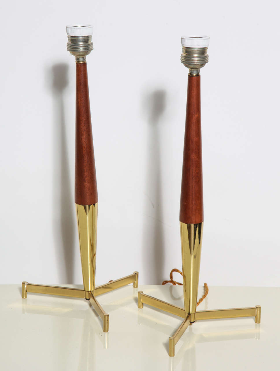Pair of French Modern Brass and Teak Tripod Candlestick Table Lamps 2