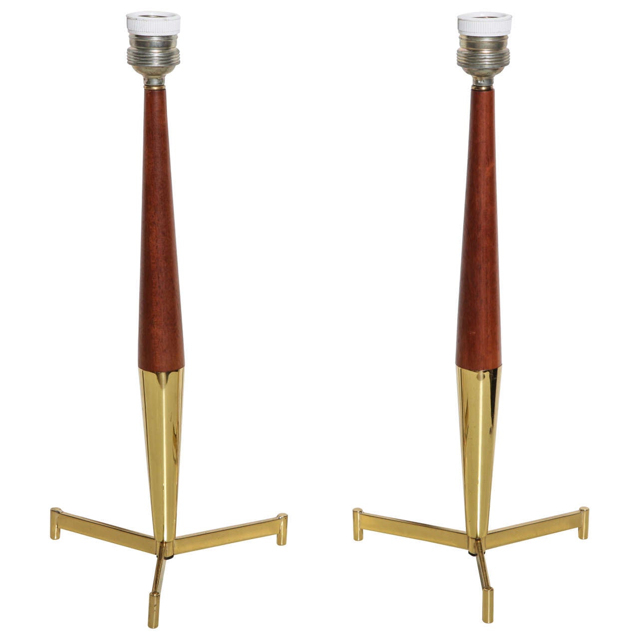 Pair of French Modern Brass and Teak Tripod Candlestick Table Lamps