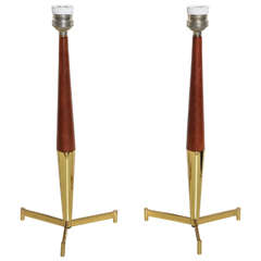 Vintage Pair of French Modern Brass and Teak Tripod Candlestick Table Lamps