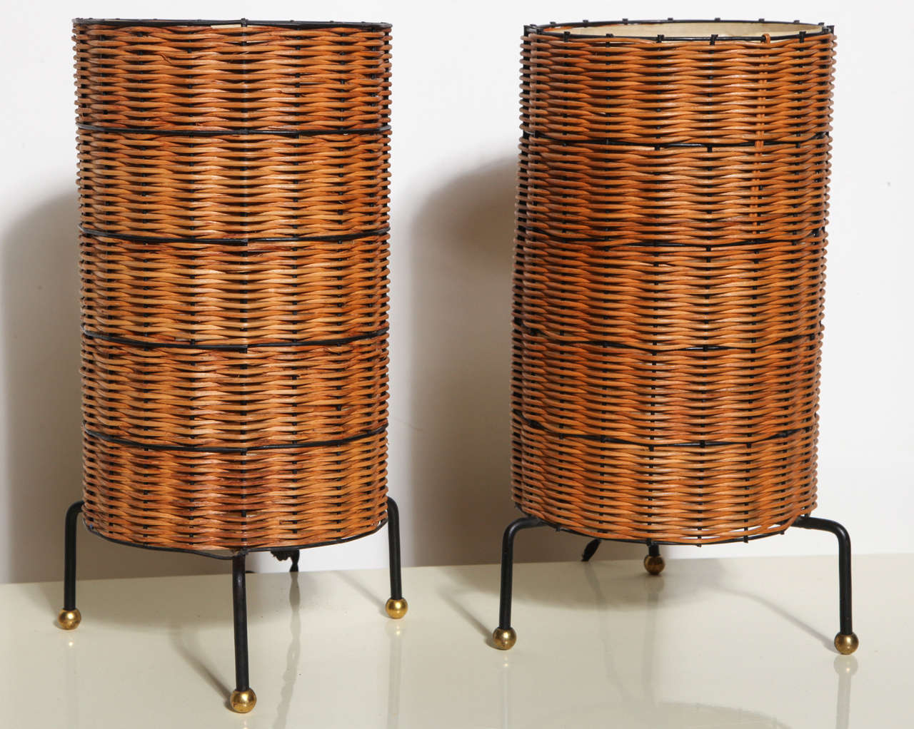 pair of California Modernist Iron & Wicker Lamps