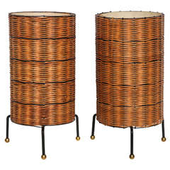 pair of California Modernist Iron & Wicker Lamps