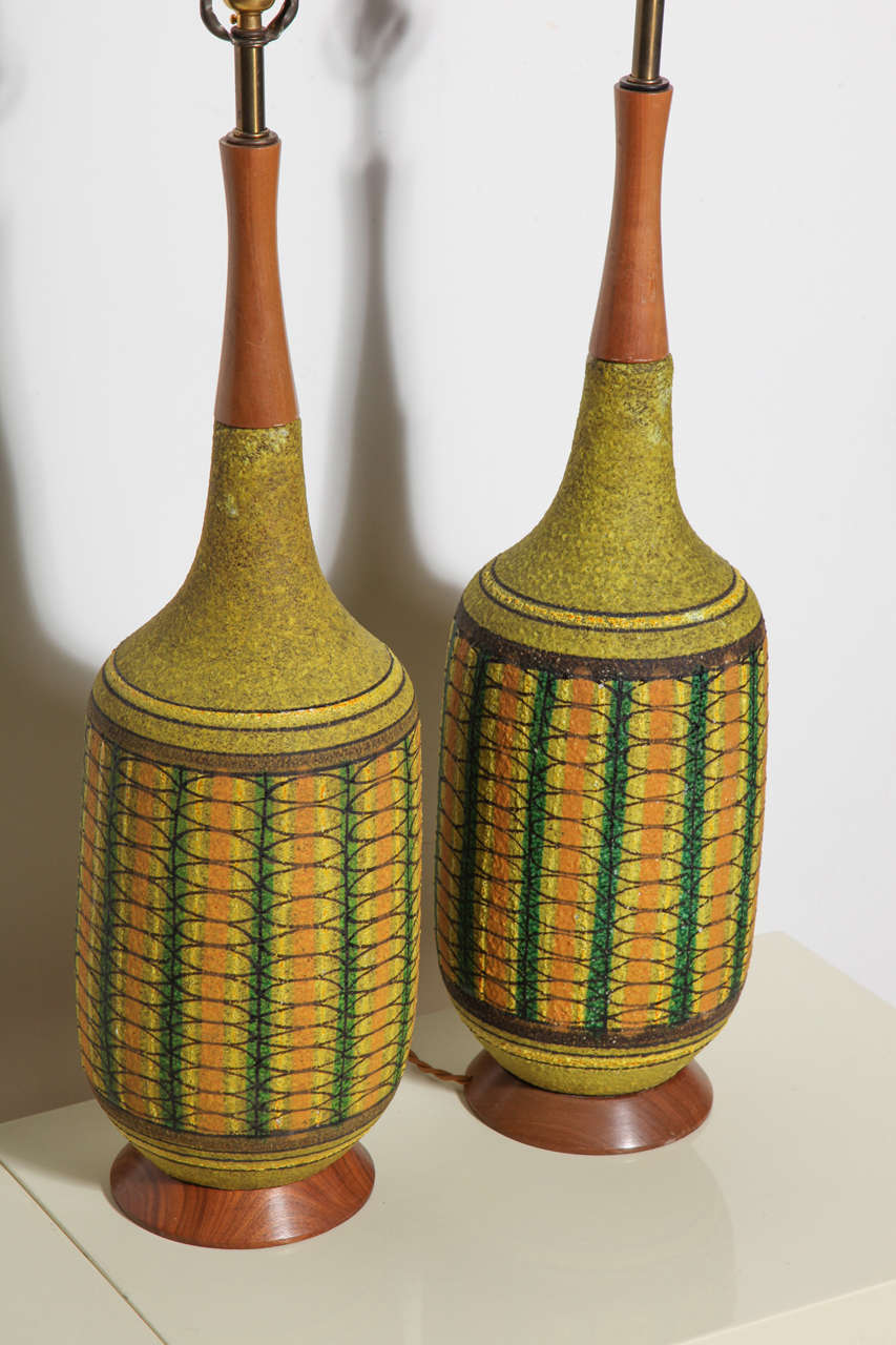 Plated Monumental Pair of Aldo Londi for Bitossi Olive Geometric Ceramic Table Lamps