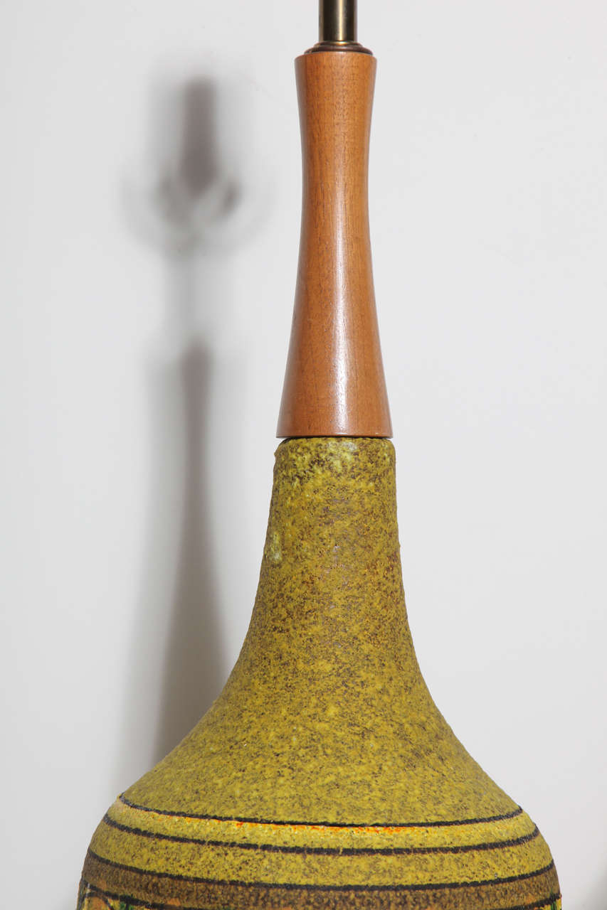 Monumental Pair of Aldo Londi for Bitossi Olive Geometric Ceramic Table Lamps 1