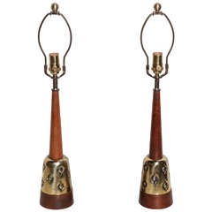 Retro smaller pair of 1950's Tony Paul Teak and Brass Cats Eye Bedside Lamps