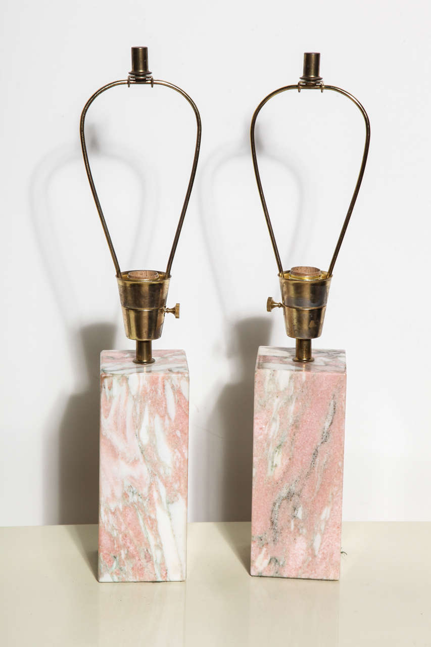 2 rectangular Vermont Marble Company Marble Lamps variegated Pink and White with Brass Harp detail  (Marble 8.5