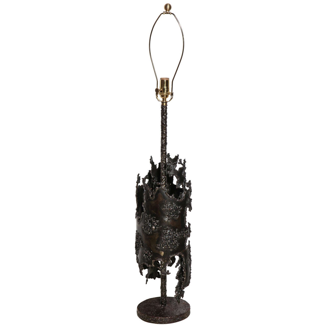 Substantial 1950s Marcello Fantoni Brutalist Bronzed Brass Torch Cut Table Lamp