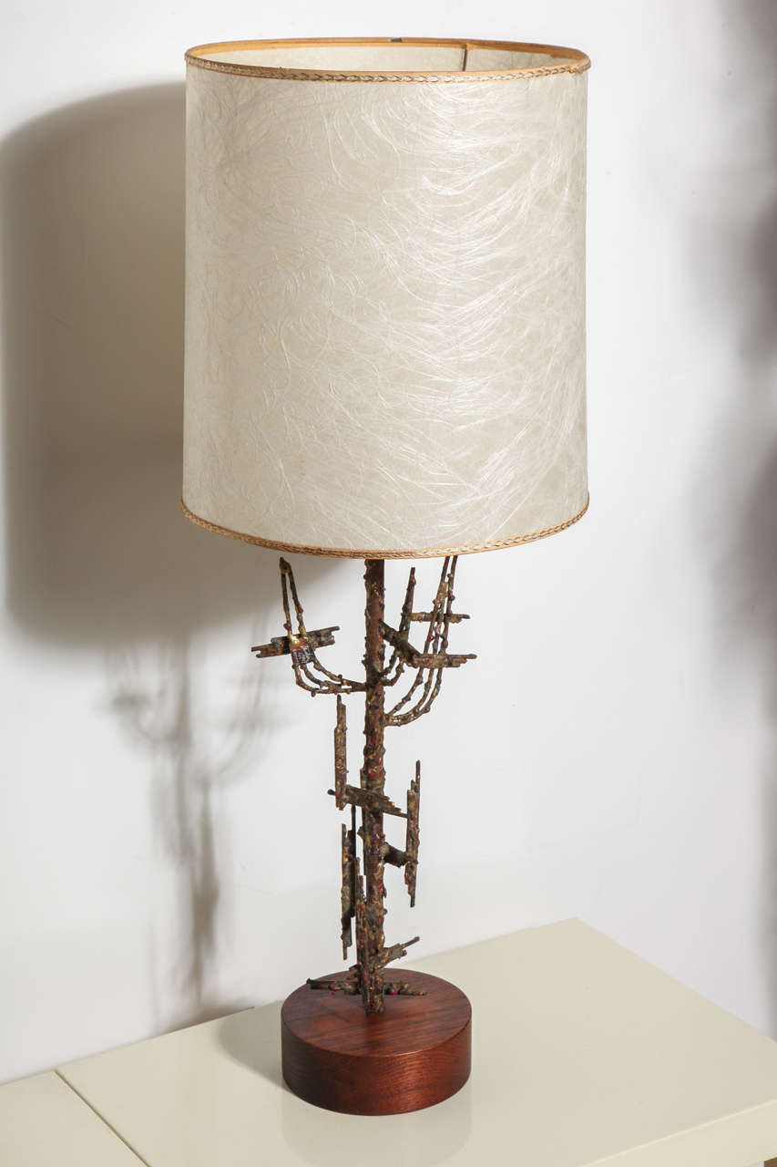 Substantial Italian Modern Marcello Fantoni for Raymor Brutalist Bronzed Metal and Walnut Table Lamp. Featuring a sculptural and welded, torch cut Bronzed metal, branch like, organic tree form design on a circular (7D) Walnut base. Shade shown for