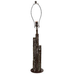 Tall Marcello Fantoni Brutalist Bronzed Brass "Skyscraper" Table Lamp, 1950s