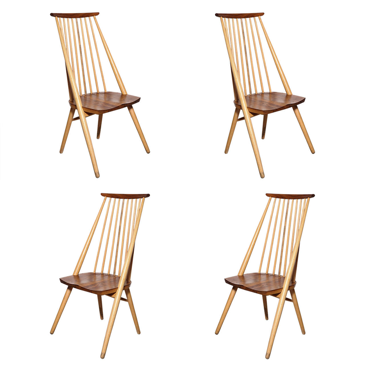 1970s Set of Four American Craft Revival Beech & Cherry Mademoiselle Side Chairs
