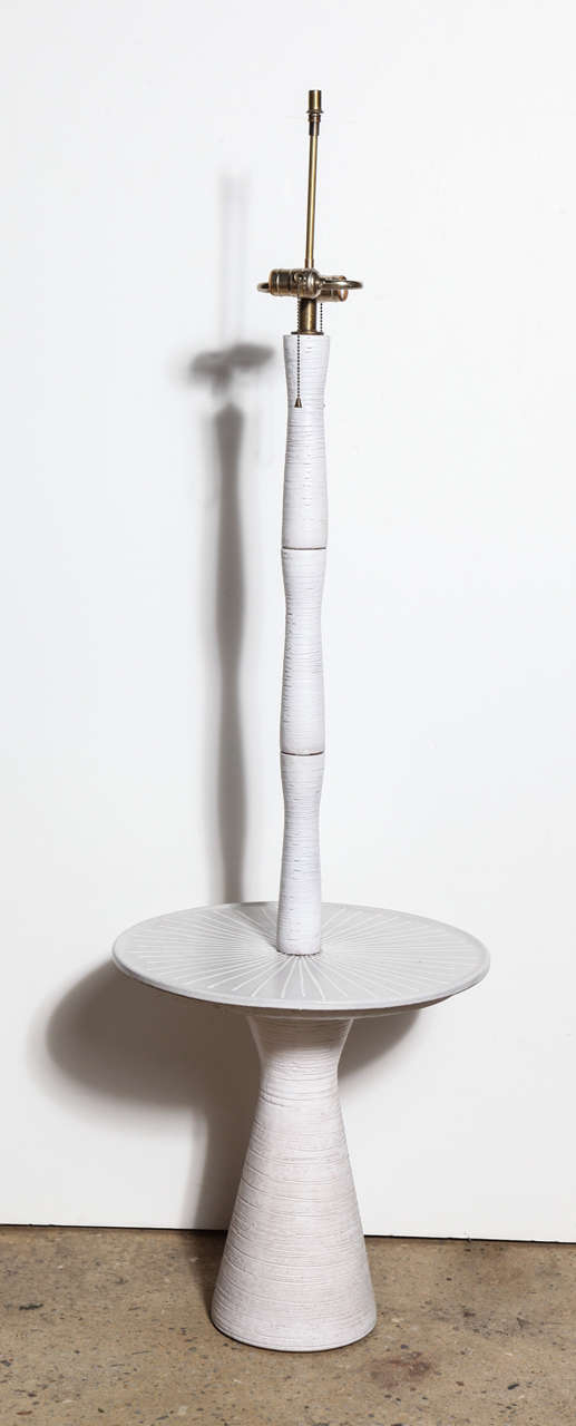 rare 1950s Lee Rosen for Design Technics Off White Ceramic Floor Lamp with Shelf