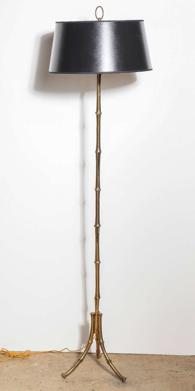 Maison Bagues Brass Faux Bamboo Tripod Floor Lamp with Black Shade