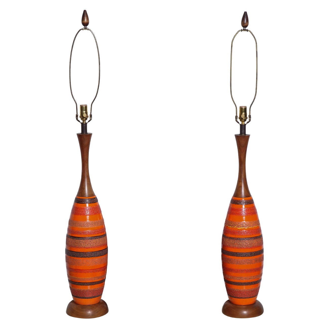 Substantial Pair Of Raymor Orange Banded Ceramic And Walnut Lamps